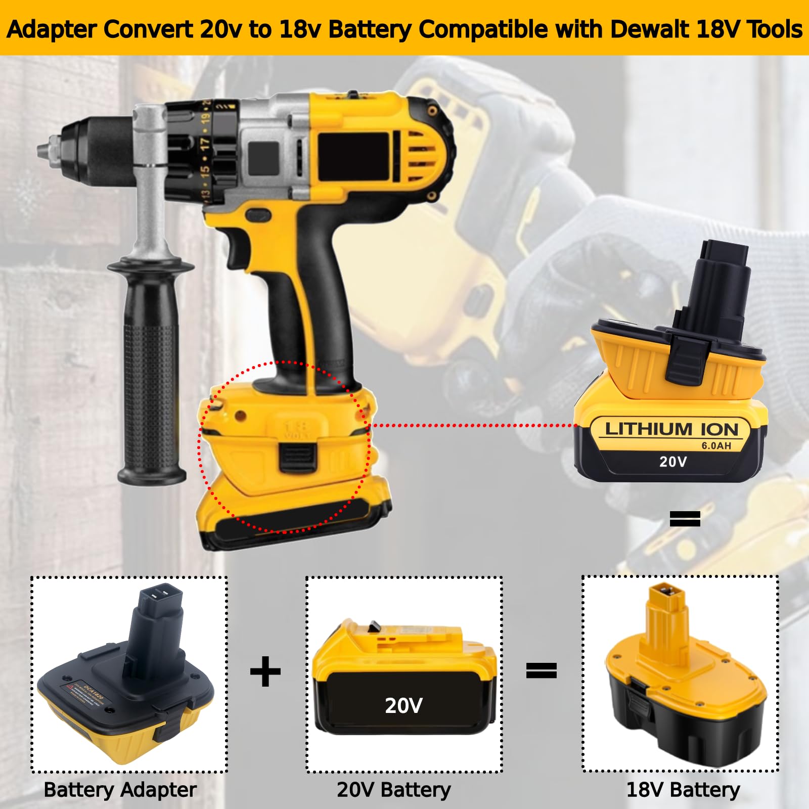 Tulepowceeng 2 Packs DCA1820 Battery Adapter Compatible with Dewalt 18V Tools, Convert Compatible with Dewalt 20V Lithium Batteries DCB203 DCB204 DCB206 to Work with 18V Cordless Power Tools