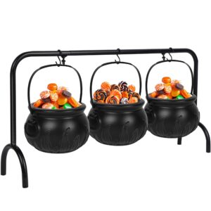 Zcaukya Halloween Decorations, 3 Packs Plastic Witch Cauldrons Hanging On Iron Rack, Black Witch Pots Set with Stand Candy Holders for Haunted House Halloween Party Supplies Tabletop Decor