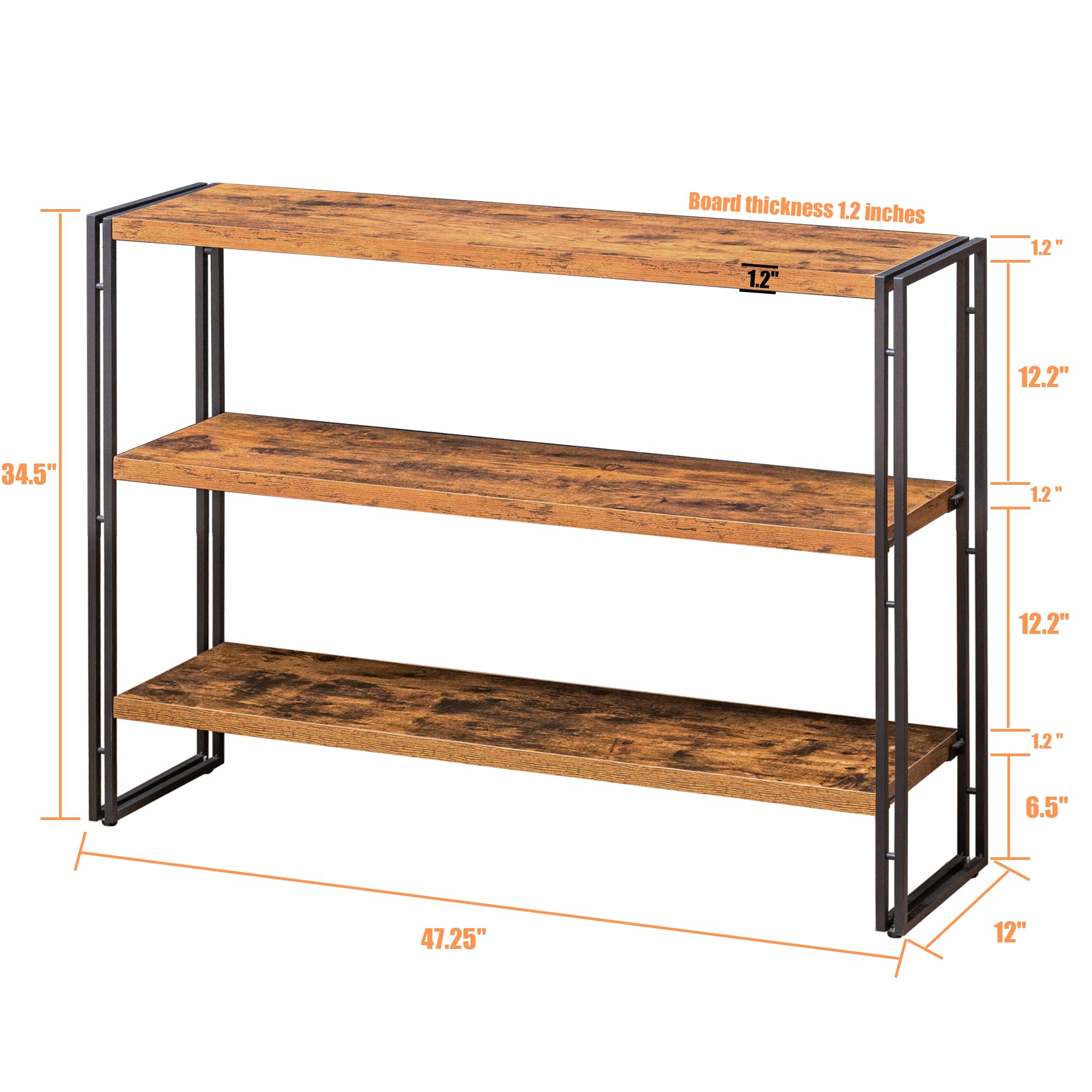 BCLOUDNEST Bookshelf, 3 Tier Long Bookcase, Industrial Book Shelf for Living Room, Home Office, Kitchen, Rustic Brown