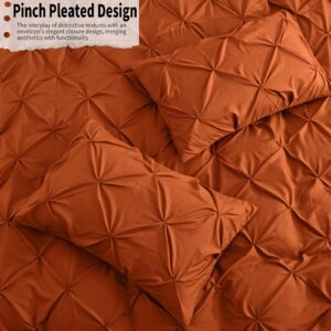 VACVELT 5 Piece Pinch Pleated Duvet Cover King Size Set, Burnt Orange Pintuck Duvet Cover with Zipper & 8 Ties, Shabby Chic Microfiber Duvet Cover + 2 Pillow Shams + 2 Pillowcases, No Comforter