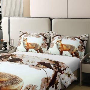 Feelyou Fox Duvet Cover 100% Cotton Boys Girls Twin Size Cute Cartoon Fox Bedding SetWoodland Fox Comforter Cover Set Wild Animal Bedspread Cover Room Decor Cherry Blossoms Bedclothes Zipper