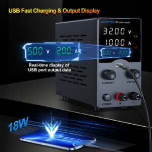 DC Power Supply Variable, Bench Power Supply with Encoder Adjustments Knob, USB Charge Interface, Variable Power Supply with USB Output Current Display, Over-Current Protection (30V 10 Black)