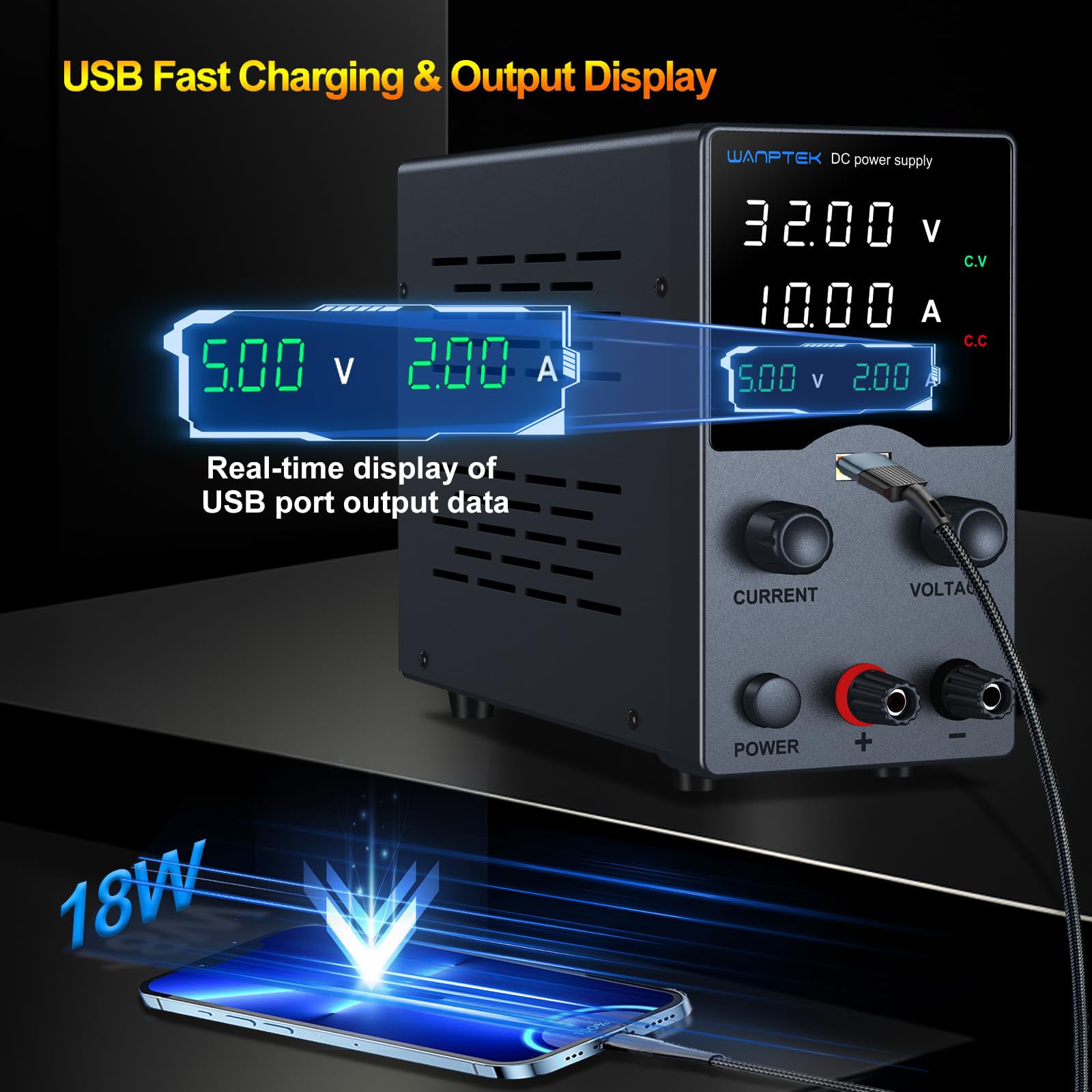 DC Power Supply Variable, Bench Power Supply with Encoder Adjustments Knob, USB Charge Interface, Variable Power Supply with USB Output Current Display, Over-Current Protection (30V 10 Black)