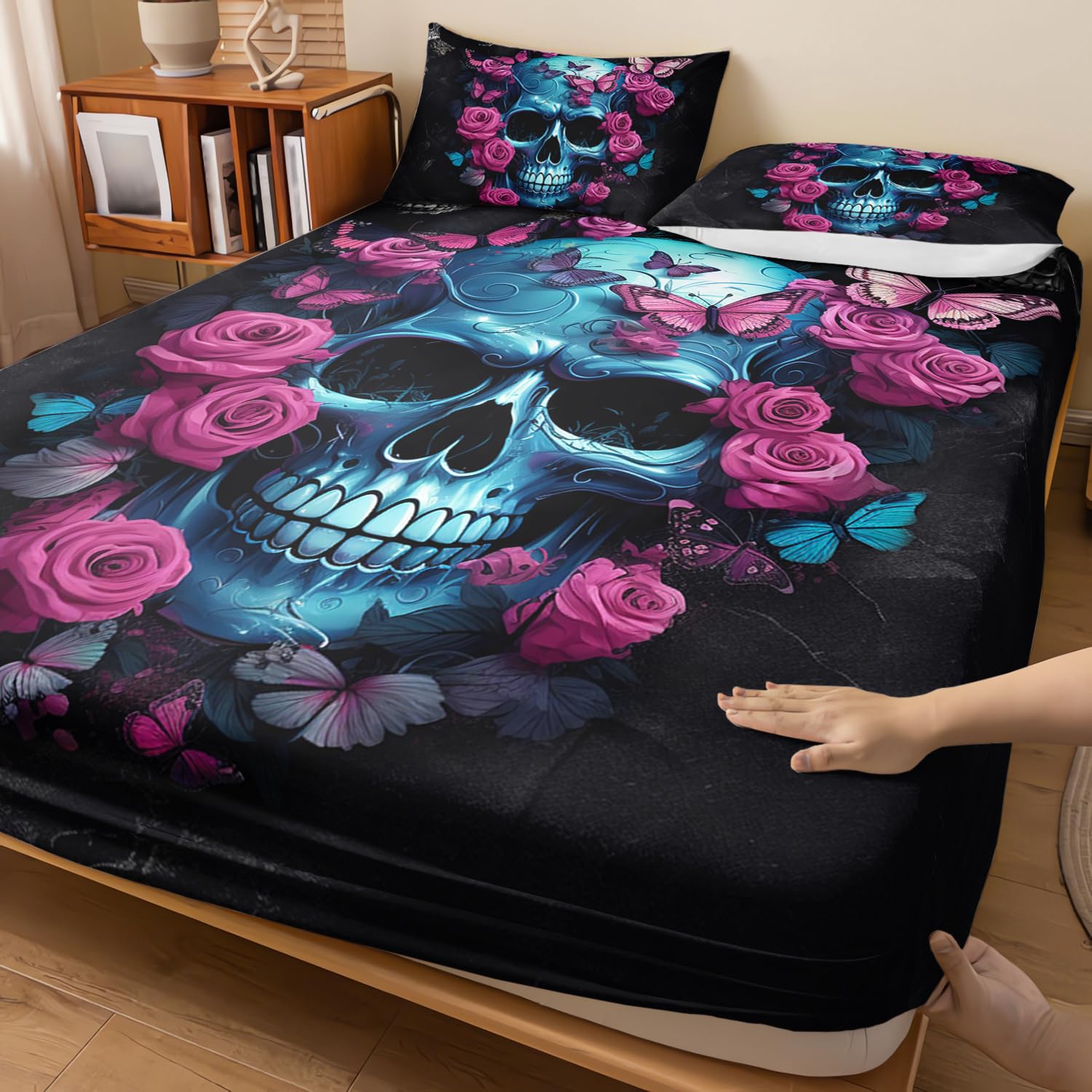 AILONEN 3D Skull Fitted Sheet Set Twin XL Size, Oil Ren Rose with Skeleton Design Bed Sheet Set for Boys Girls Teens,Gothic Skull with Butterfly Bedding Set,1 Fitted Sheet and 2 Pillow Case,3 Pieces