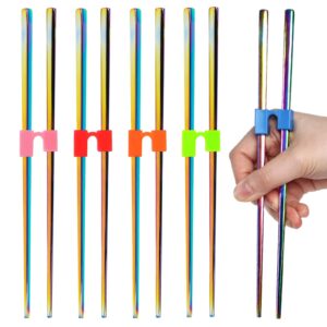 kidsfantasy 5 pairs non-slip training chopsticks iridescent chopsticks with chopstick helpers chopsticks holder for adult trainers beginners(bright colors,stainless steel)