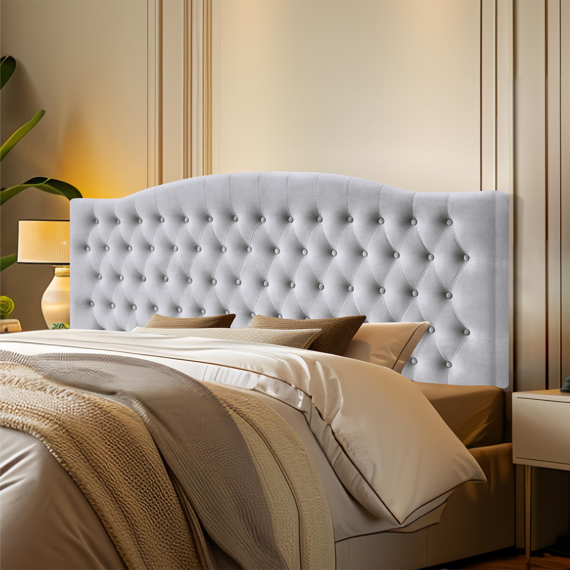 Furpopup Frosted Velvet Upholstered Headboard King/Cal King Size Latest Model Wall Mount, Bed Frame Mount, Featuring High-Density Sponge Padding, Luxury Texture Easy Assembly and Style-Light Gray