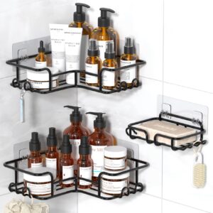 yasonic corner shower caddy adhesive, 3 packs shower organizer with soap holder and 12 hooks, rustproof corner shower shelves, no drilling shower shelf for inside shower (bright black)