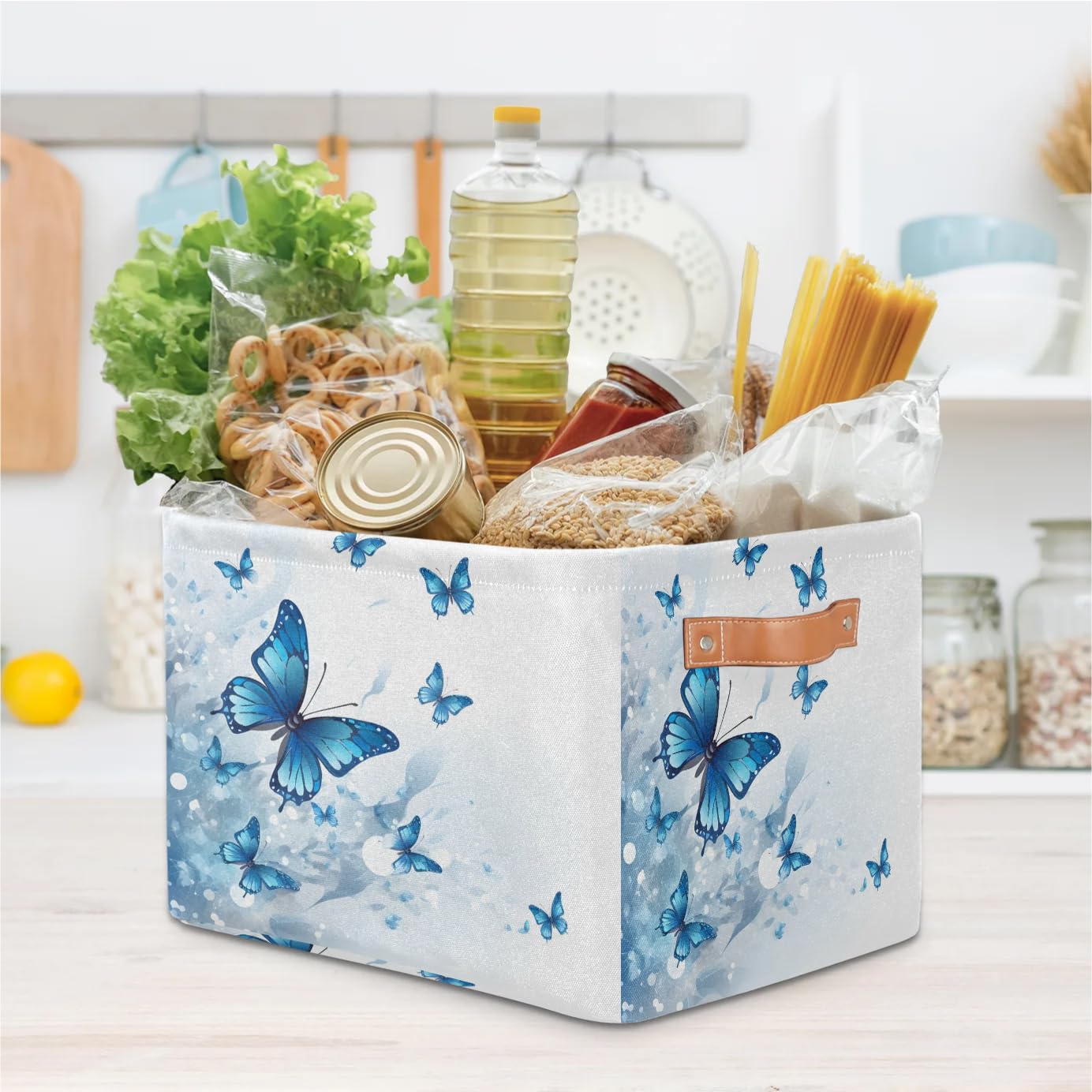 Gumuslen Spring Blue Butterfly Storage Basket Organizer Bin with Handles for Clothes Storage, Gift Bakets, Toy Box, Book Basket for Office Home Rooms Laundry Playroom Dorm