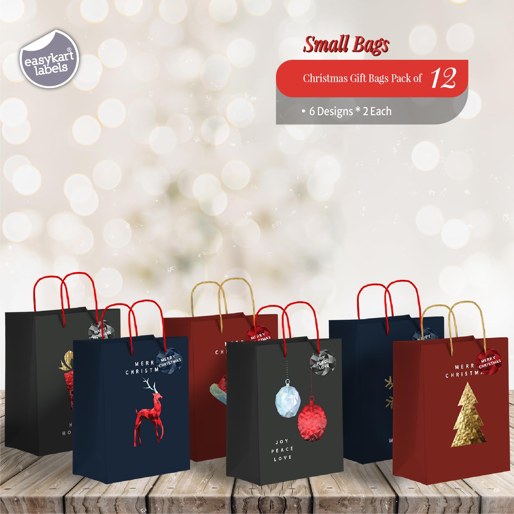 easykart labels 12 Pack 6" Small Christmas Gift Bags, Foiled & Laminated Holiday Gift Bags,(6 Designs - 2 PCs Each) for Gift Wrapping Christmas Party Decorations