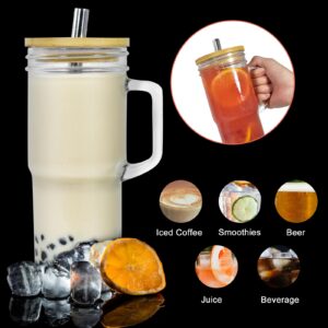 CHLJAR 4Pcs Glass Cups with Lids and Straws, 24oz Mason Jar Iced Coffee Cup Drinking Jars Glasses Tumbler with Handle Bamboo Lids Wide Mouth Travel Mug for Bubble Tea, Iced Coffee, Smoothie, Beer