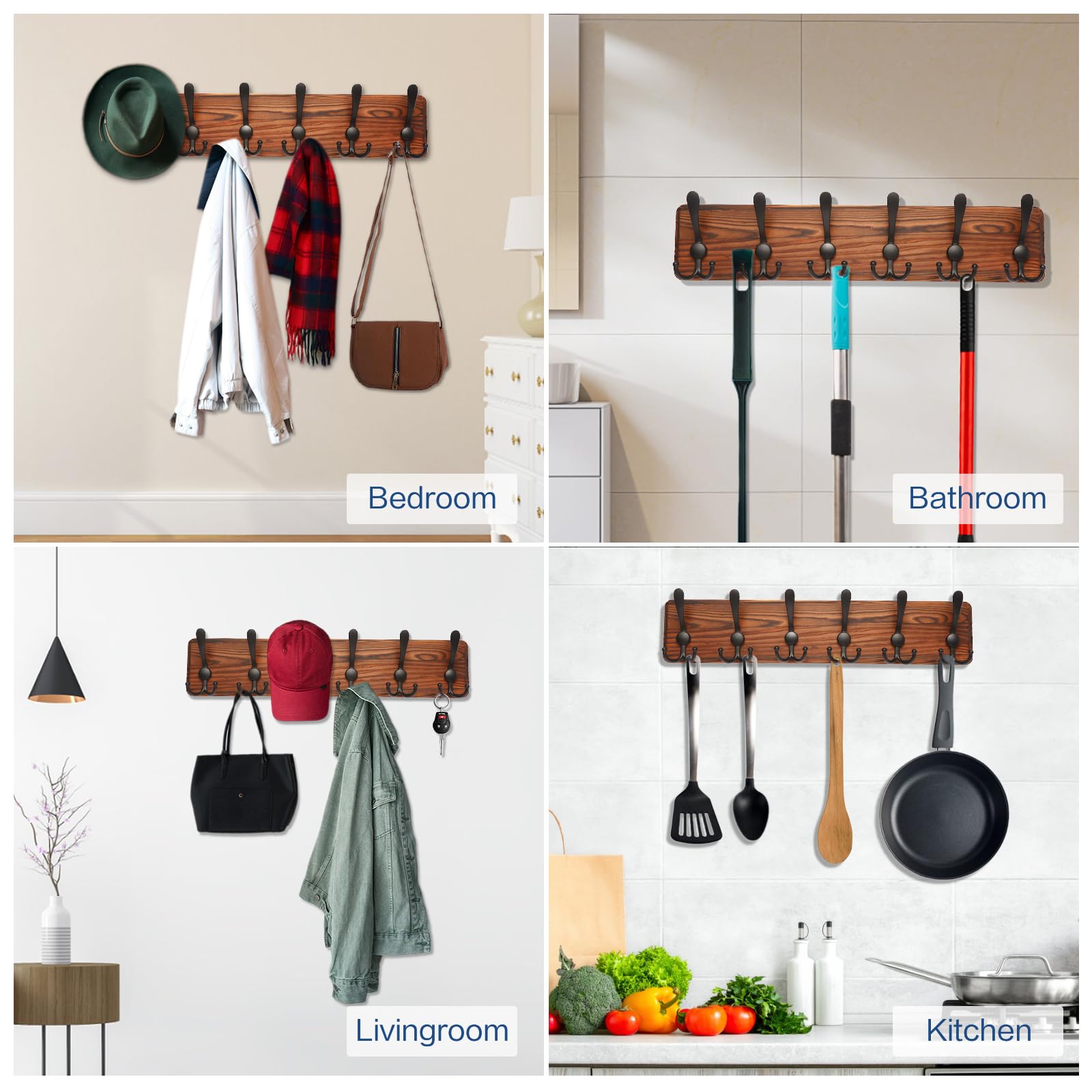 DecorDudz Coat Rack Wall Mount, 20.8''Wooden Coat Hanger Coat Hooks Wall Mount- 6 Tri Hooks, Coat Rack for Entryway, Living Room, Bathroom, Bedroom, Kitchen, Hat Organizer (Burnt Brown)