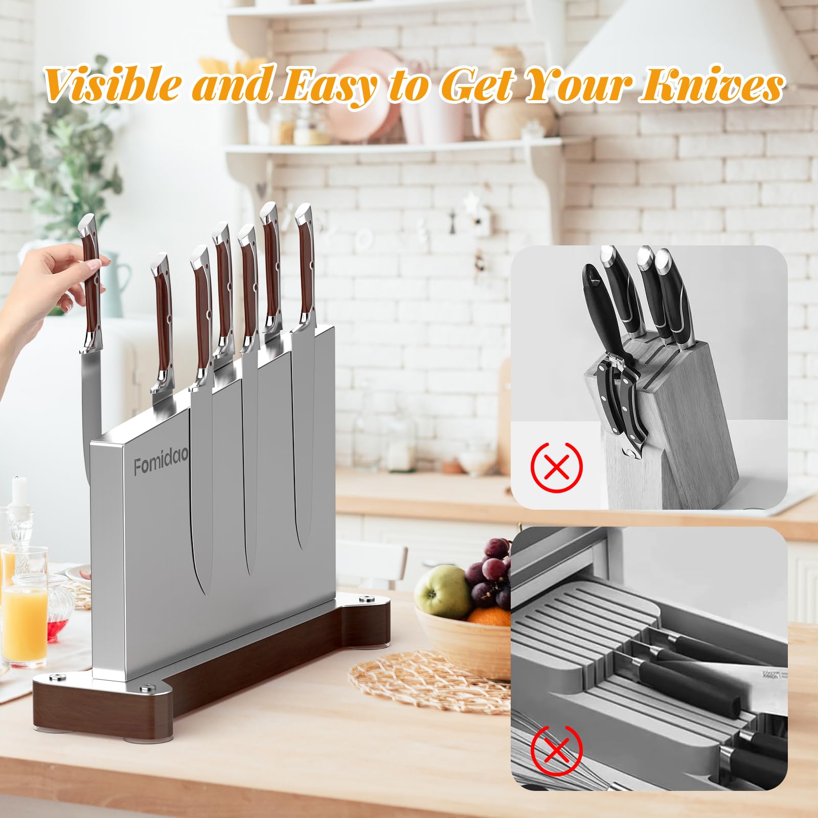 Fomidao Magnetic Knife Block,Large Stainless Steel Magnetic Knife Holder,Power Magnetic Knife Block Without Knives Double Sided Magnetic Knife Rack Stand for Kitchen Knife Storage