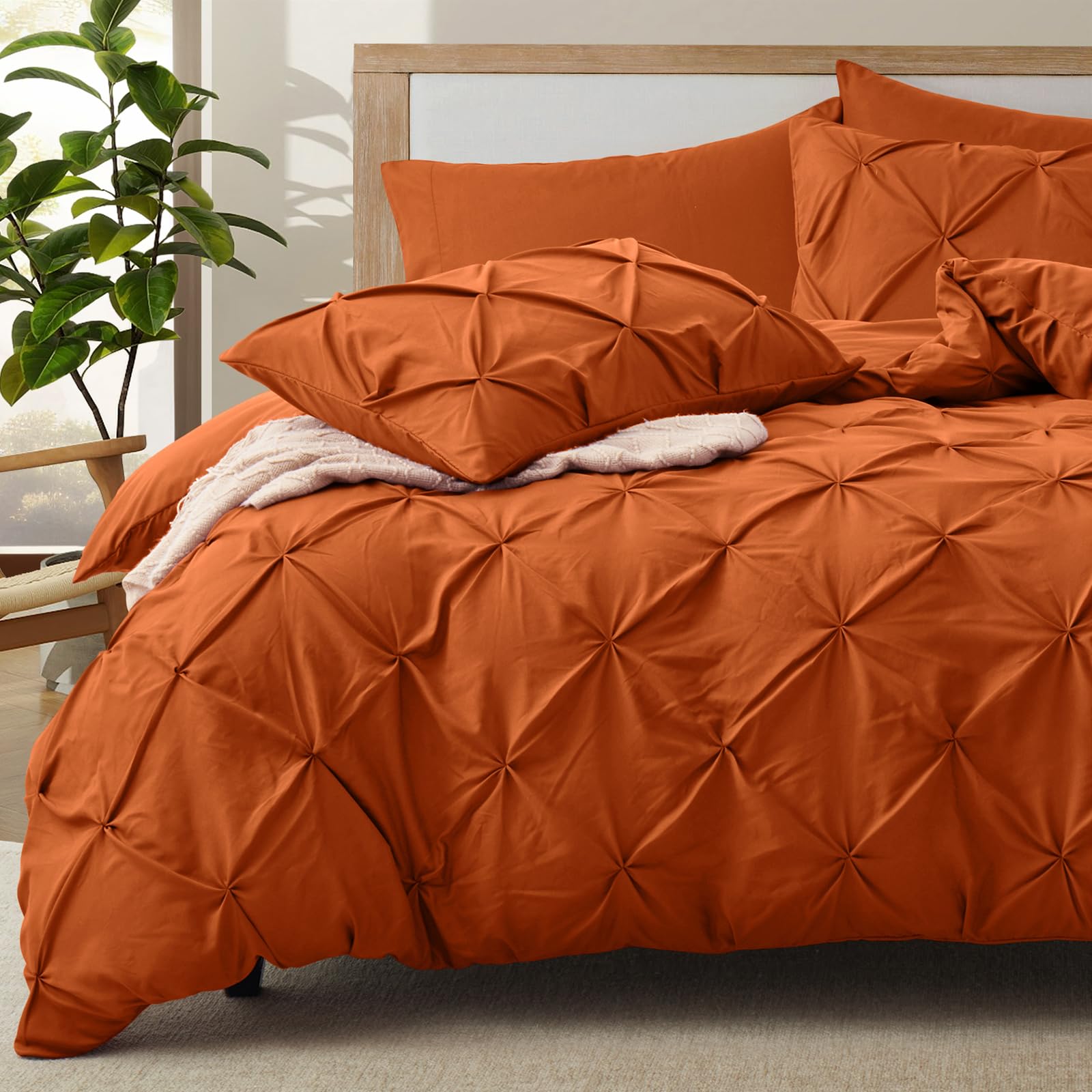 VACVELT 5 Piece Pinch Pleated Duvet Cover King Size Set, Burnt Orange Pintuck Duvet Cover with Zipper & 8 Ties, Shabby Chic Microfiber Duvet Cover + 2 Pillow Shams + 2 Pillowcases, No Comforter