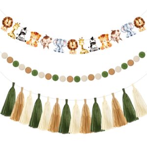 hahafelt 3 pcs jungle safari animal banners wild animal birthday party decorations woodland animal theme banner felt ball tassel garland for zoo safari animal birthday decor baby shower supplies