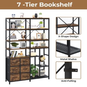 HAUOMS Corner Bookshelf, 7-Tier Industrial Convertible Book Shelf with 6 Fabric Drawers, Corner Bookcase Freestanding Display Shelf for Living Room, Kitchen, Home Office, Rustic Brown