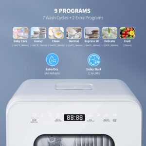 AIRMSEN Portable Countertop Dishwasher with 5L Water Tank, Mini Dishwasher with 14.6” Ultra-Narrow Design, 9 Programs, 24H Delay Start & 360° Dual Spray, No Hookup Needed, C01, White