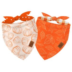 jarthenaamcs 2pcs fall reversible dog bandana pumpkin polka dot autumn leaves gingham triangle pet scarf orange adjustable pet neckerchief dog bibs for dog cat costume accessories