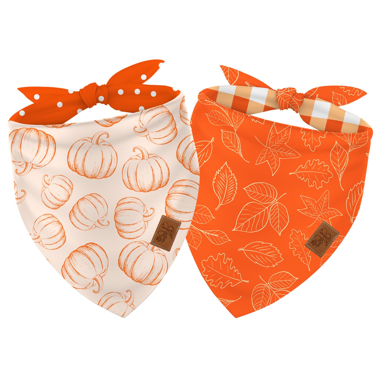 JarThenaAMCS 2Pcs Fall Reversible Dog Bandana Pumpkin Polka Dot Autumn Leaves Gingham Triangle Pet Scarf Orange Adjustable Pet Neckerchief Dog Bibs for Dog Cat Costume Accessories