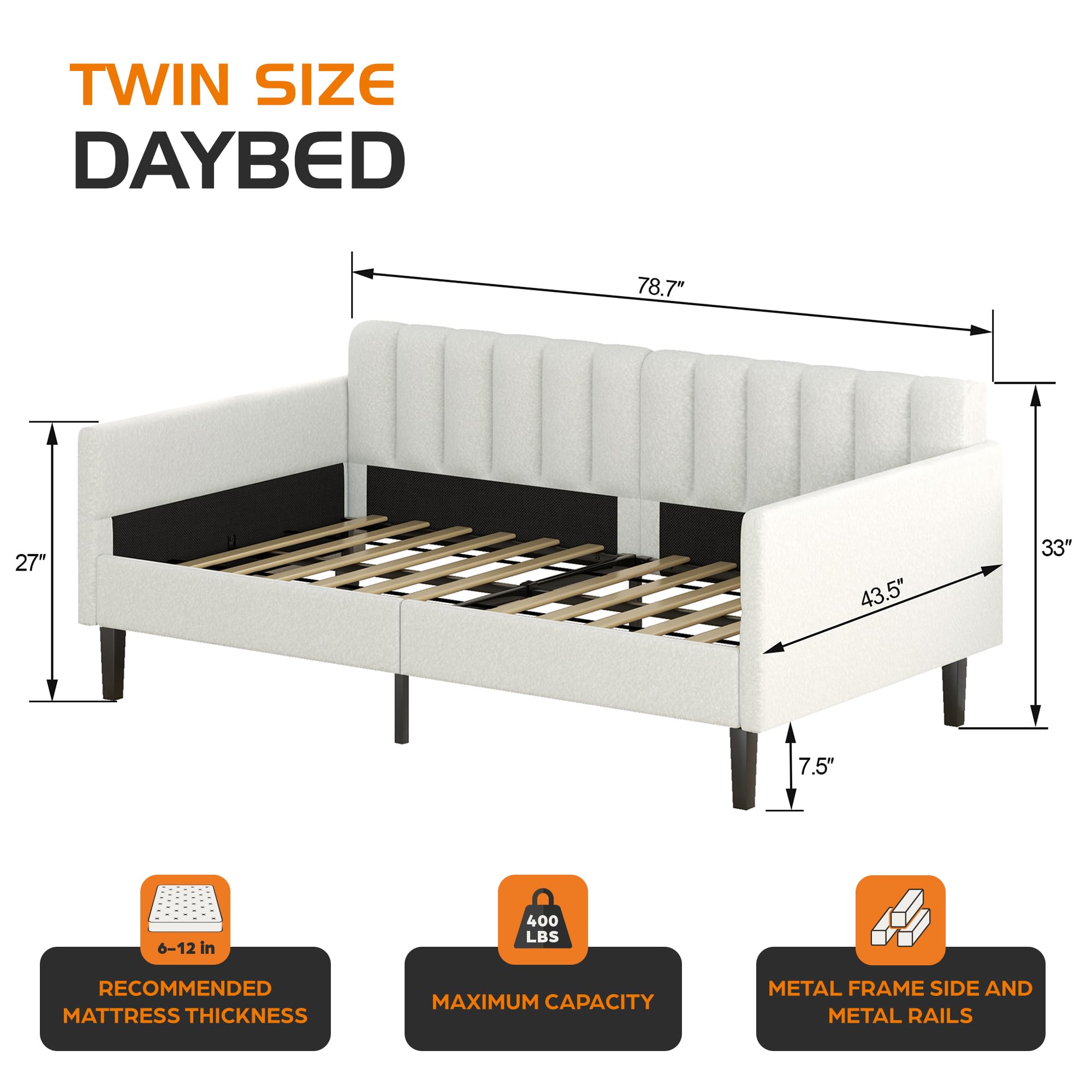 LifeSky Daybed Twin Size Upholstered - Boucle Tufted Day Bed Frame for Living Room White