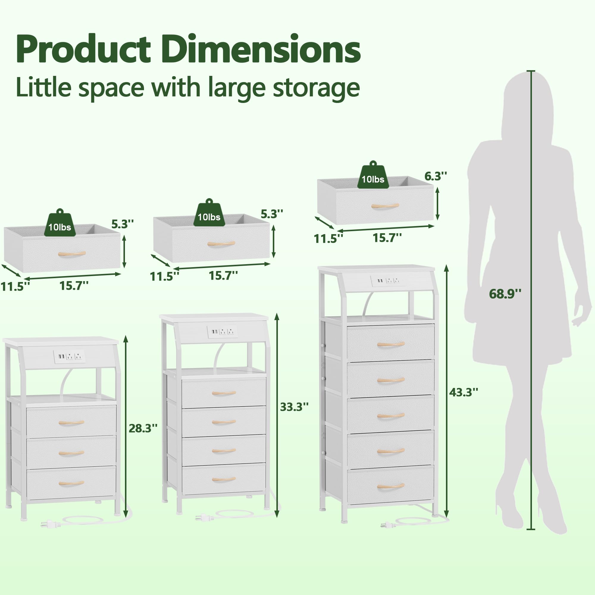 Furnulem 5 Drawers Dresser with Charging Station, Tall Night Stand with Open Shelf, Storage Tower with PVC & Fabric Drawer, Bedside Table for Bedroom, Closet, Entryway, 3 Ways to Use, White