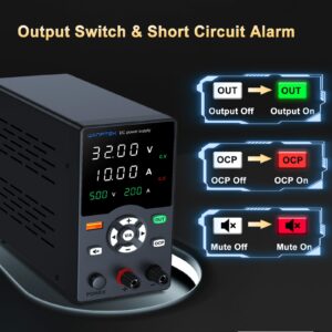 DC Power Supply Variable, Bench Power Supply with Precise Voltage & Current Setting Button, Variable Power Supply with Output Button, USB Fast Charging Port, OCP Short Circuit Alarm (30V 10A Black)