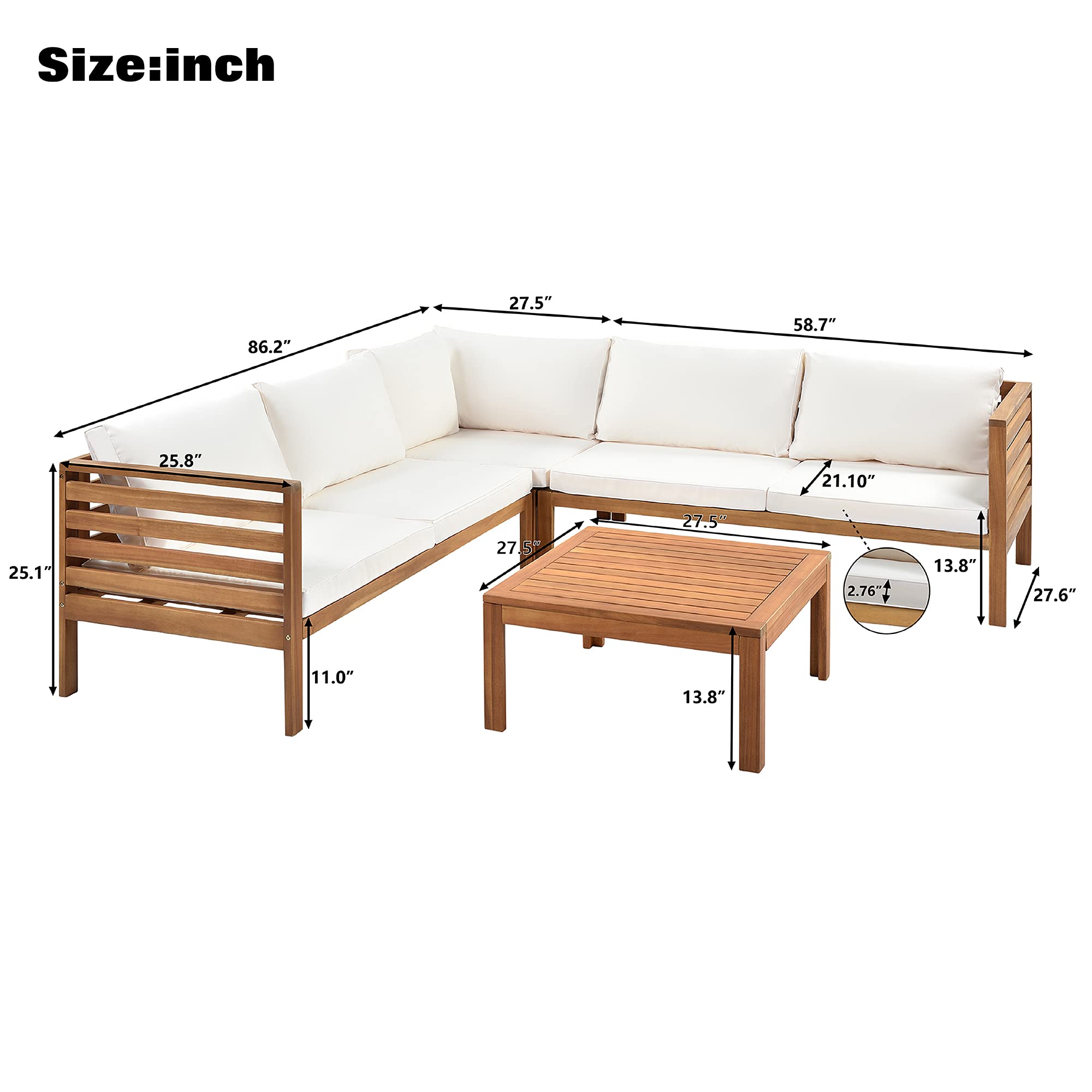 Patio Furniture 4 Pieces Conversation Sets, Acacia Wood Outdoor Sectional Furniture Conversation Sets with Cushions and Coffee Table for Garden Backyard Balcony and Porch (Beige)