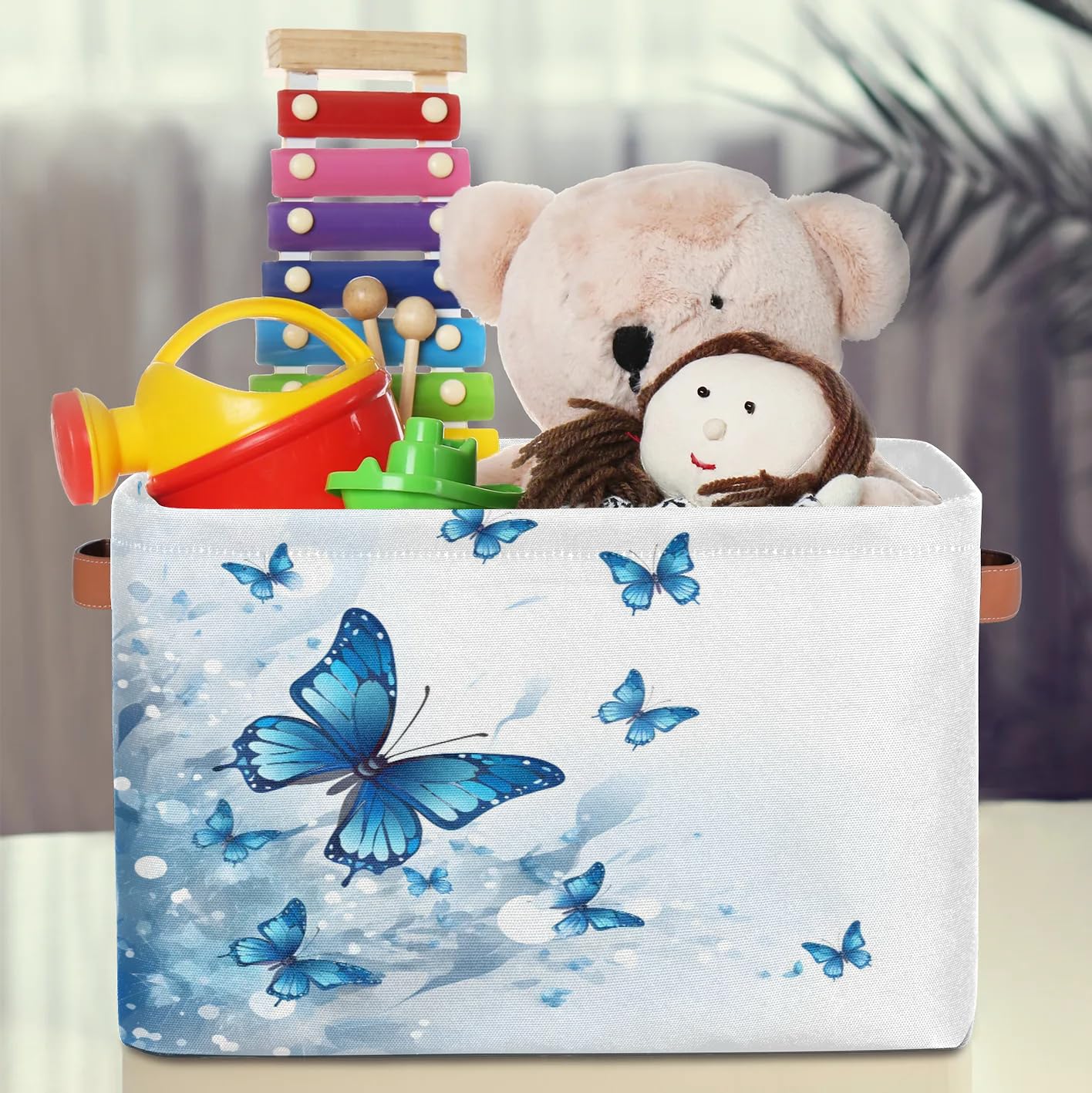 Gumuslen Spring Blue Butterfly Storage Basket Organizer Bin with Handles for Clothes Storage, Gift Bakets, Toy Box, Book Basket for Office Home Rooms Laundry Playroom Dorm