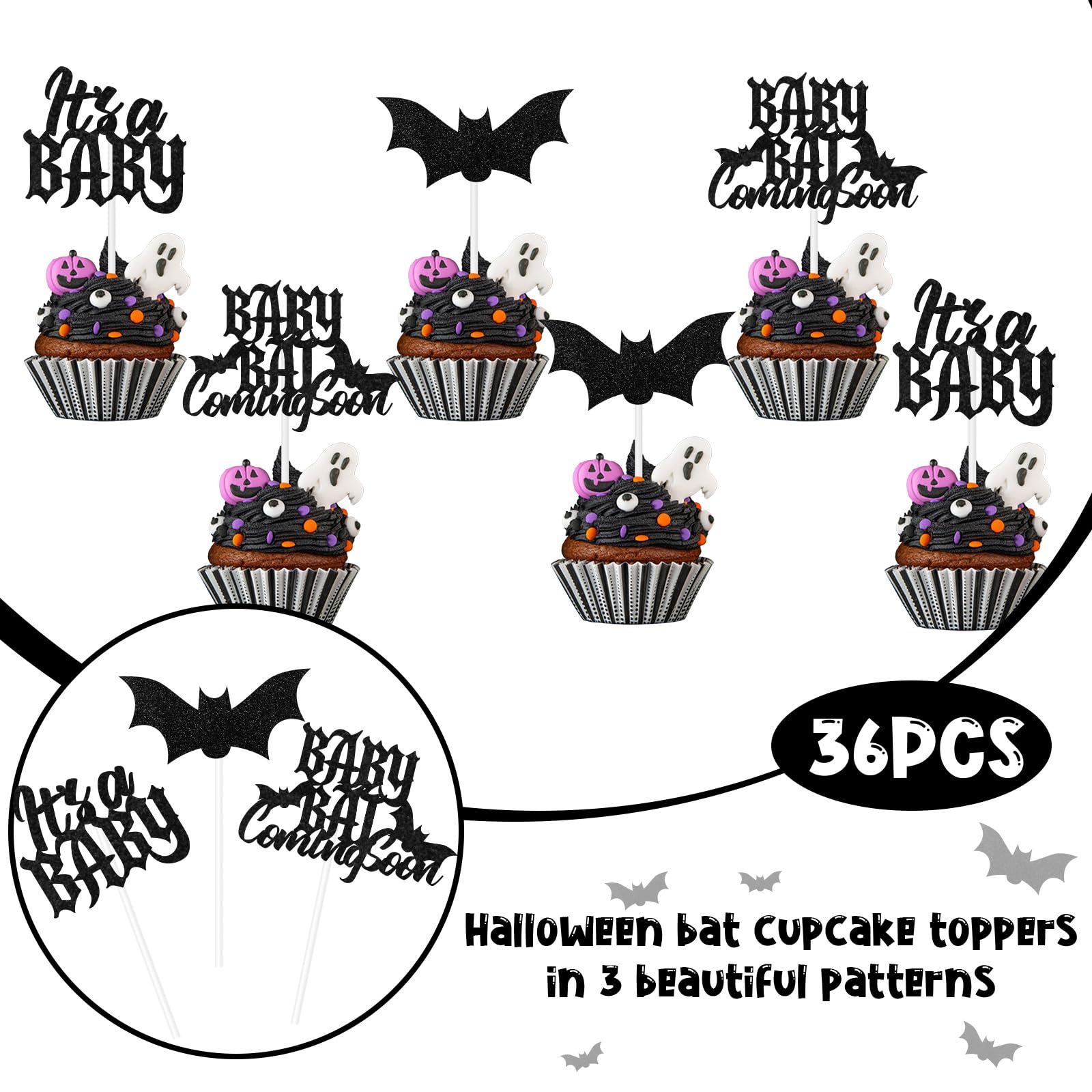 kreat4joy Halloween Gothic Baby Shower Decorations Cupcake Toppers, 36pcs Bat Baby Shower Decorations Baby Bat Coming Soon It's a Baby Cupcake Toppers for Bat Theme Halloween Baby Shower