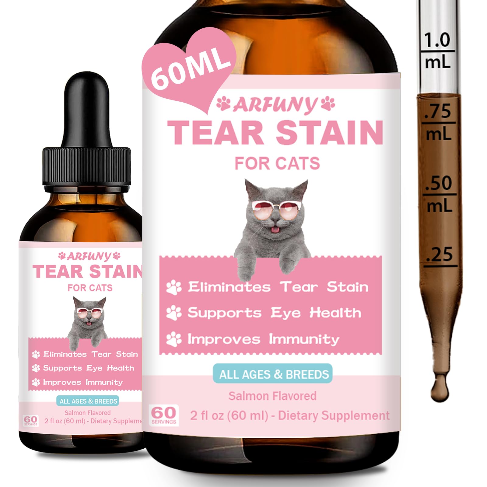 Tear Stain Supplement for Cat | Prevent and Eliminate Cats Tear Stains | 60ML Cat Tear Stain Remover Drops for Eye Health, Immune System | with Cranberry, Marshmallow & Vitamins | Salmon Flavor