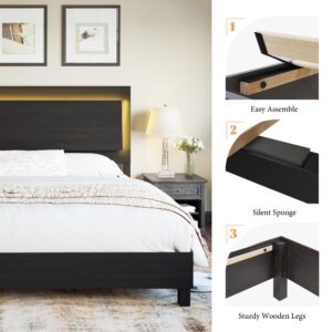 AMERLIFE Wood King Bed Frame with 47" Headboard, Rustic Platform Bed with LED Lights, Mattress Foundation with Wooden Slats Support, No Box Spring Needed/Noise Free, Black