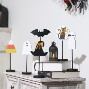 JIALEIXI Halloween Decorations, 6PCS Wooden Sign Tabletop Centerpieces Decorations Include Ghost/Bat/Black Cat/Witch Hat, for Home Farmhouse Indoor Party Decor.