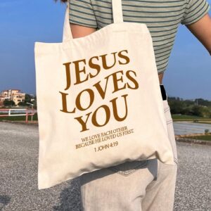 Haukea Bible Canvas Tote Bags for Women Cute Christian Gifts Tote Bag with Zipper Pockets Cotton Graphic Tote Church Bags