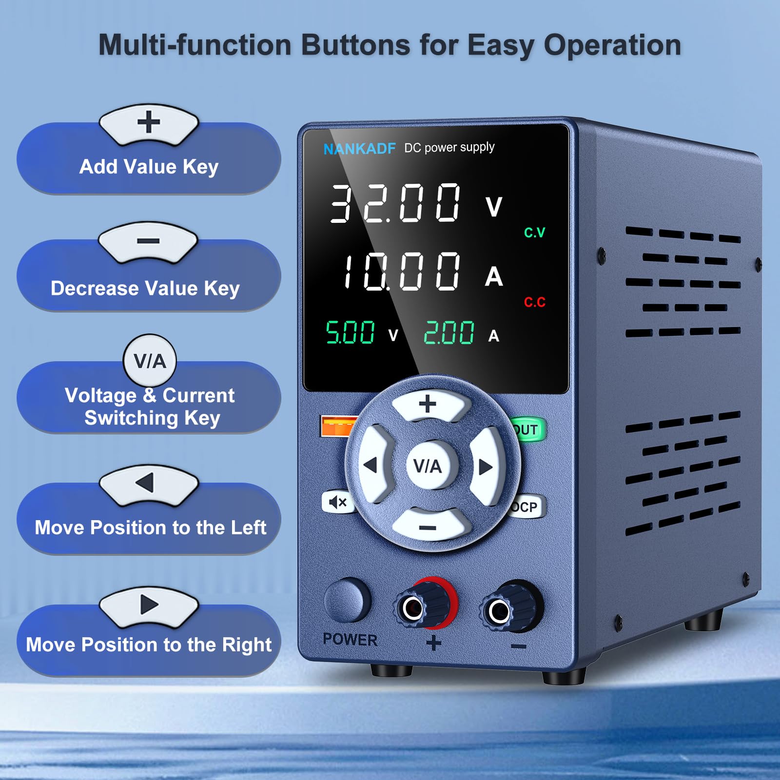 DC Power Supply, Variable Power Supply with Output Button, USB Fast Charging Port, Bench Power Supply with OCP Short Circuit Alarm, USB Output Current Display, Mute Mode (30V 10A)