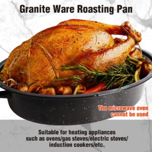 MorTime Granite Roasting Pan, 14.5" Enameled Oval Roaster Pot with Lid for Small Turkey, Chicken, Ham, Broiler Pan for Oven, Dishwasher