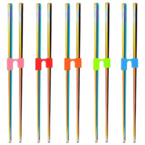 KIDSFANTASY 5 Pairs Non-slip Training Chopsticks Iridescent Chopsticks with Chopstick Helpers Chopsticks Holder for Adult Trainers Beginners(Bright Colors,Stainless Steel)