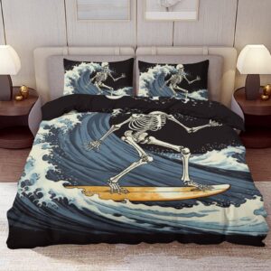 delerain comforter set queen size, skeleton surfing surfboard 3-piece bedding set for women men modern soft microfiber bedroom set room decor, 1 duvet cover + 2 pillowcases