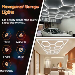 TOGJNDLL 𝑵𝒆𝒘 Hexagonal Garage Lights, Thickened Aluminum 3 Hexagonal Grid with Rectangular Frame, High Brightness 120W 14400LM 110V, for Garages, Shops, Basements, Car Beauty Shops, 3-Yr Warranty