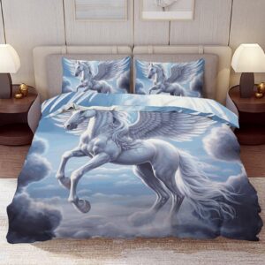 delerain comforter set queen size, white pegasus clouds 3-piece bedding set for women men modern soft microfiber bedroom set room decor, 1 duvet cover + 2 pillowcases