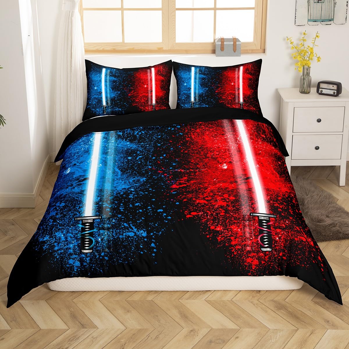 Feelyou Lightsaber King Size Duvet Cover Set for Kids Boys Teens Red Blue Teens Bedding Set Decor Tie Dye Comforter Cover Set Decoration