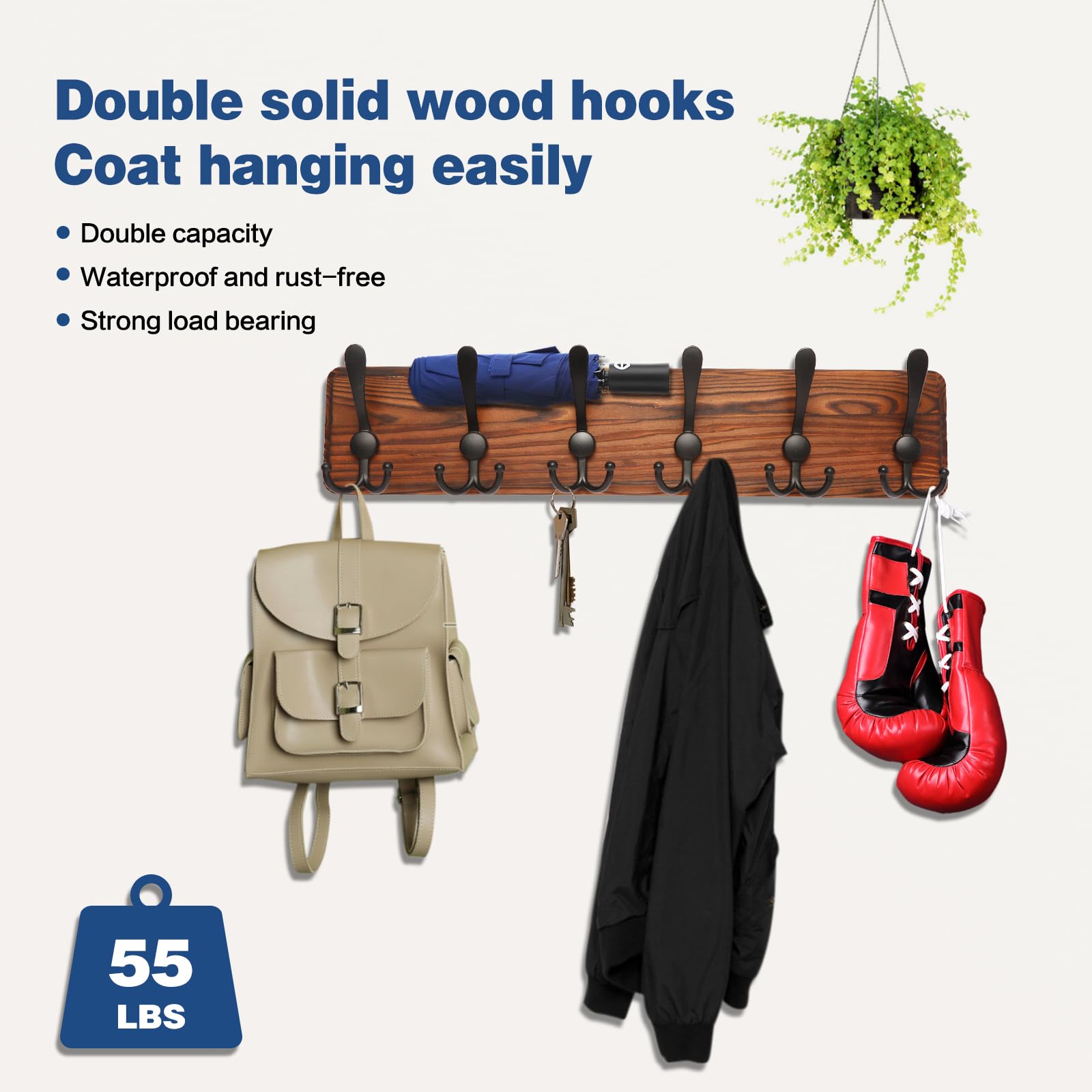 DecorDudz Coat Rack Wall Mount, 20.8''Wooden Coat Hanger Coat Hooks Wall Mount- 6 Tri Hooks, Coat Rack for Entryway, Living Room, Bathroom, Bedroom, Kitchen, Hat Organizer (Burnt Brown)