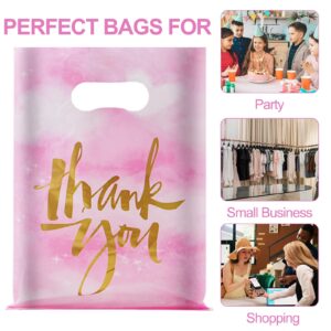 Chirpbirds Thank You Plastic Gift Bags for Business Small, 9" X 12" Pink Shopping Bags with Handles, Reusable Merchandise Retail Goodie Bags for Stores Clothes Party Favor, 50 Pack