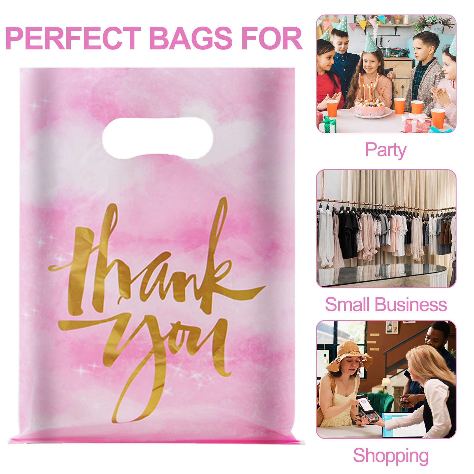 Chirpbirds Thank You Plastic Gift Bags for Business Small, 9" X 12" Pink Shopping Bags with Handles, Reusable Merchandise Retail Goodie Bags for Stores Clothes Party Favor, 50 Pack