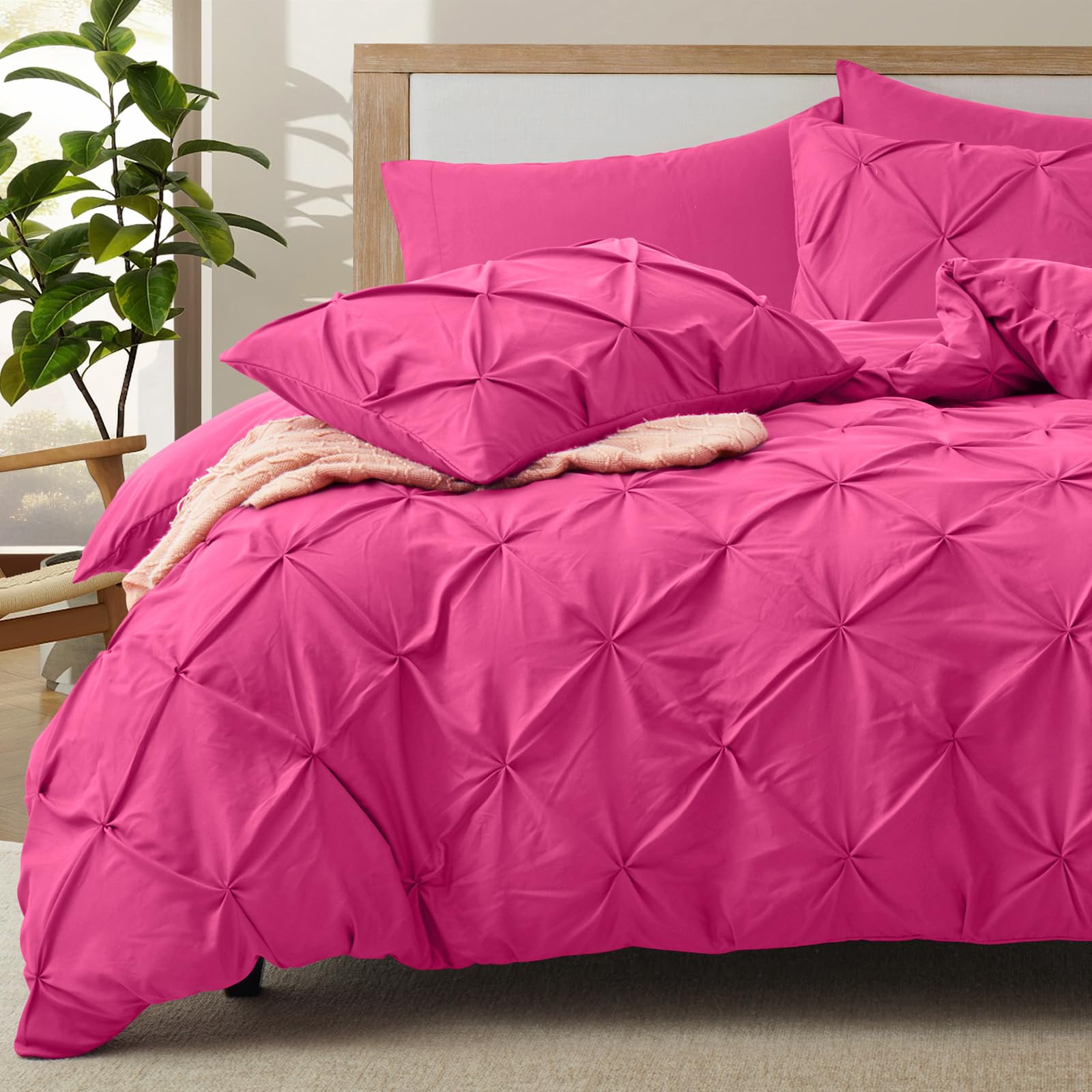 VACVELT 5 Piece Pinch Pleated Duvet Cover Full/Queen Size Set, Hot Pink Pintuck Duvet Cover with Zipper & 8 Ties, Shabby Chic Microfiber Duvet Cover + 2 Pillow Shams + 2 Pillowcases, No Comforter