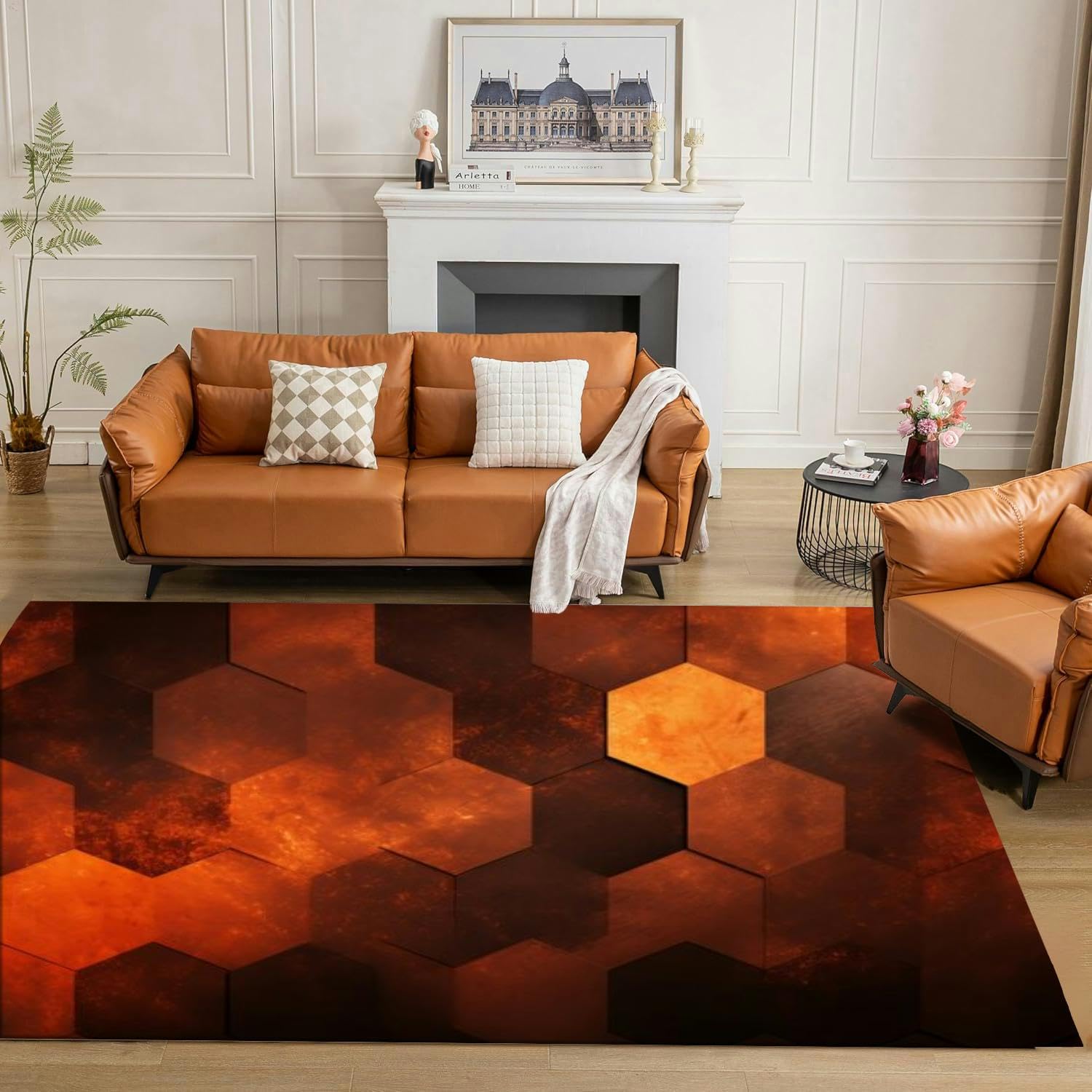 Fiery red Brown Burnt Orange Copper Black Abstract Geometric Shape Rug 5x7 Rug Area Rugs for Living Room Bedroom Aesthetic Dining Room Machine Washable Throw Rugs Carpet Indoor Non-Slip Floor Mat