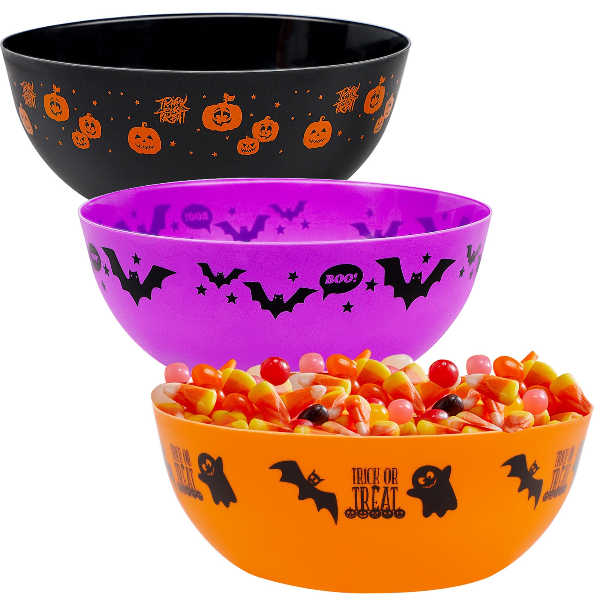 Zcaukya 3 Packs Halloween Candy Bowls, 9.6" Plastic Trick-Or-Treat Holders Pattered with Bat Ghost Jack-O-Lantern, Purple Black Orange Treats Serving Trays for Halloween Parties Supplies