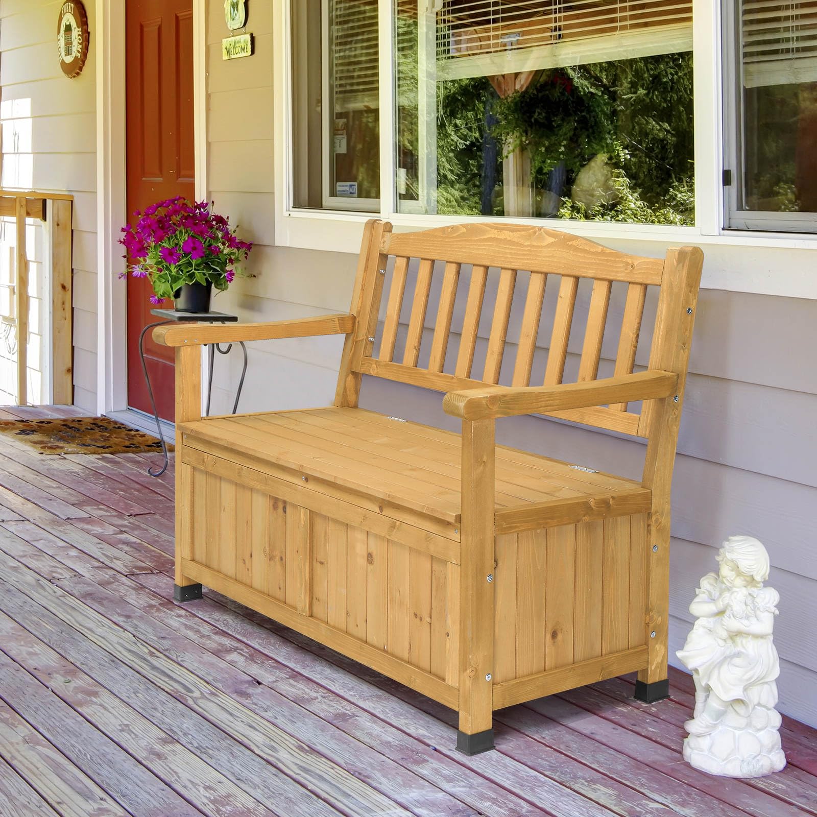 Cedar Wood Deck Box Bench, Storage Box with Backrest Armrest, All-Weather Yard Container Furniture for Tools, Toys, Outdoor Storage Bench Deck Box w/Seat for Backyard, Porch, Patio (Bright Yellow)