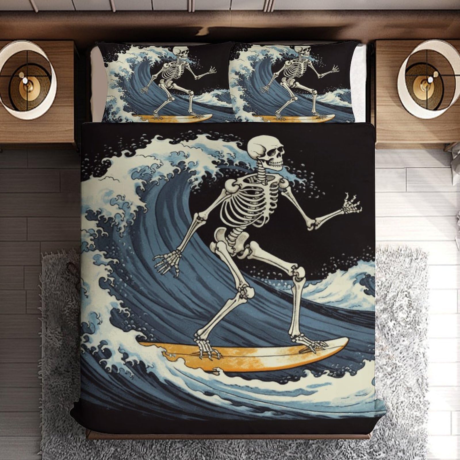 Delerain Comforter Set Queen Size, Skeleton Surfing Surfboard 3-Piece Bedding Set for Women Men Modern Soft Microfiber Bedroom Set Room Decor, 1 Duvet Cover + 2 Pillowcases