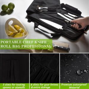 BLIRITEL Chef Knife Roll Bag, 6 Slots Knife Organizer Holds 5 Knives Plus a Protected Pouch for Your Knife Steel, Knife Carrier Case with Handle and Shoulder Strap (Bag Only)