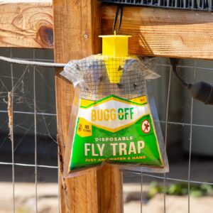 Bugg Off - 4 Pack Outdoor Disposabe Hanging Fly Traps with Natural Pre-Bait, Catches Flyes Everywhere Anywhere, Stables, Ranches, Cottages and More. Cut, Fill, and Hang!