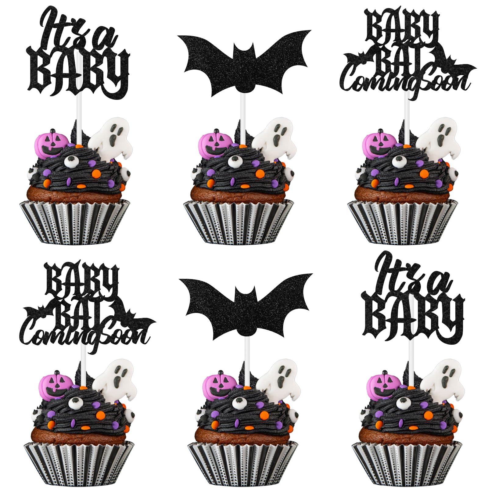 kreat4joy Halloween Gothic Baby Shower Decorations Cupcake Toppers, 36pcs Bat Baby Shower Decorations Baby Bat Coming Soon It's a Baby Cupcake Toppers for Bat Theme Halloween Baby Shower